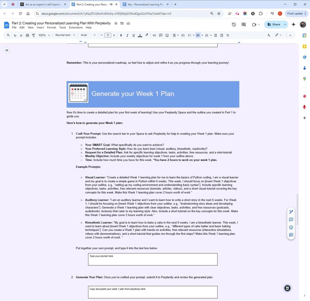 Personal Learning Plan, Create week 1 of your plan