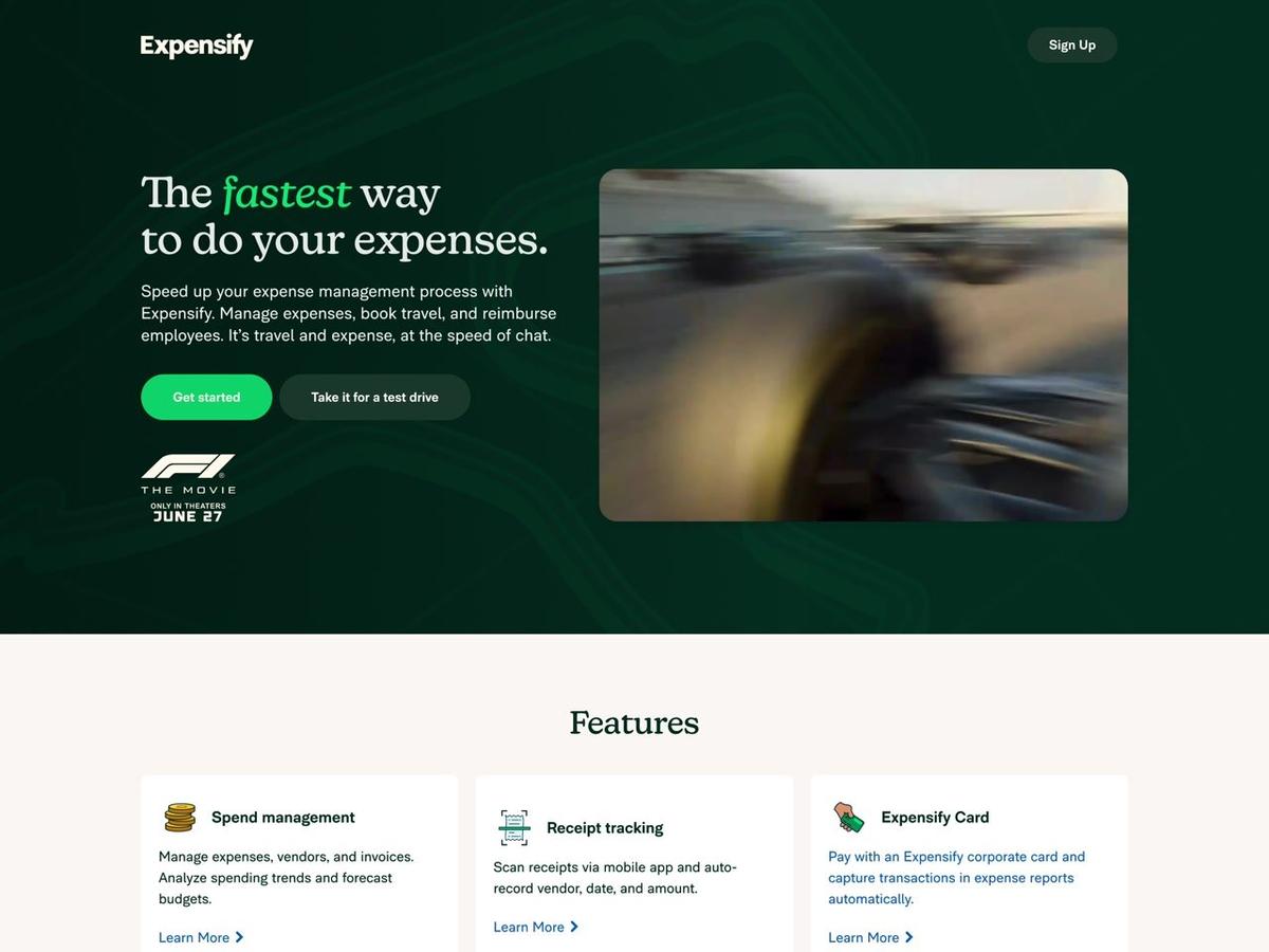 Expensify F1 the Movie Paid Social Homepage 6.26.25