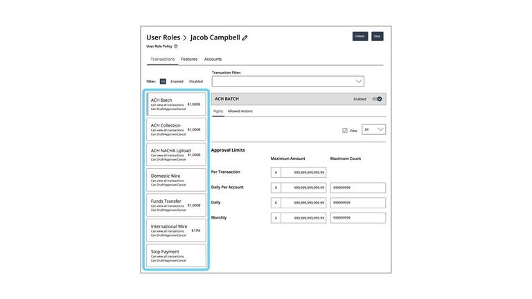 Transaction Rights for User Roles