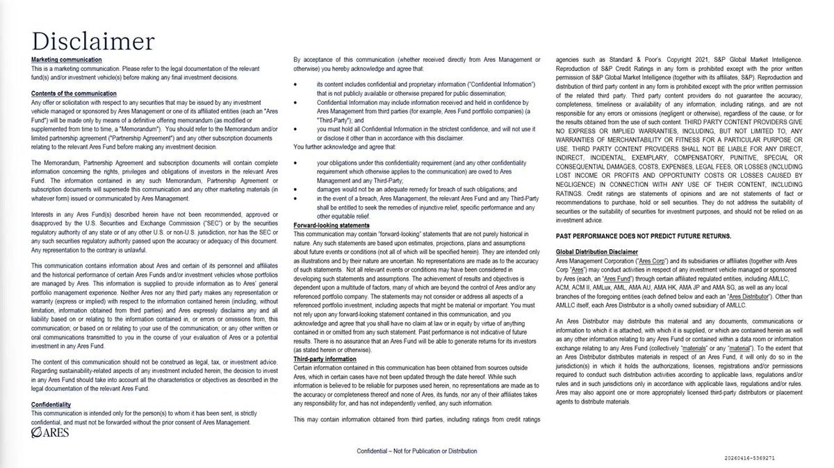 Ares Infrastructure Debt Fund Update 2026