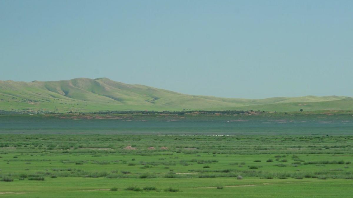 flat meadow in front of low hills in asia