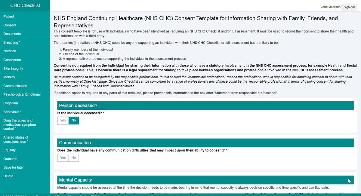 Digital CHC - Assessment - Mental Capacity and Consent