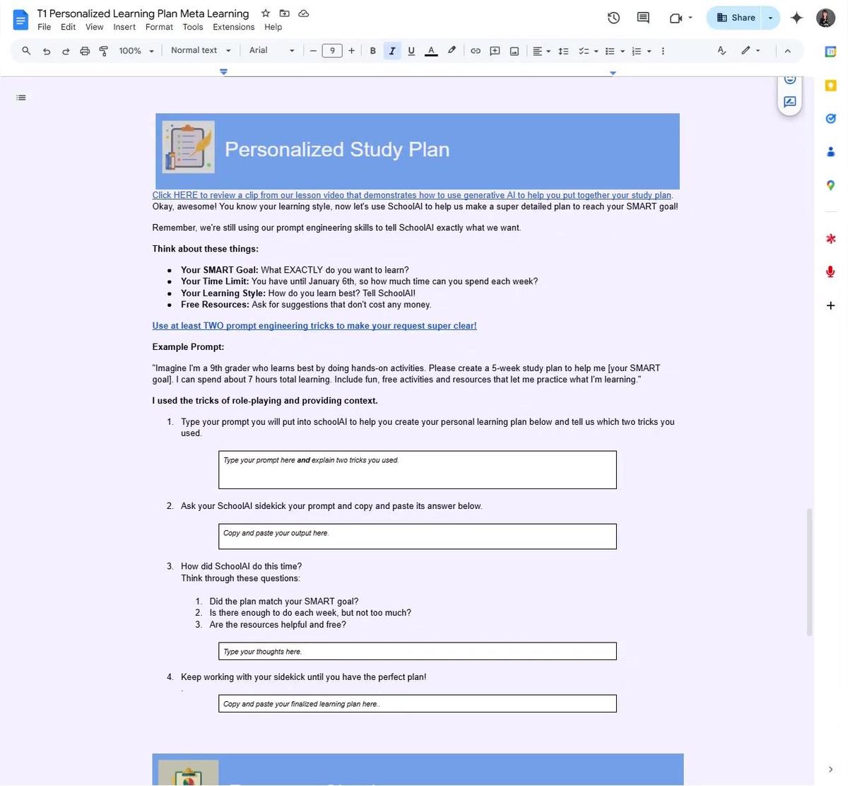 T1 Personalized Learning Plan Worksheet and Section