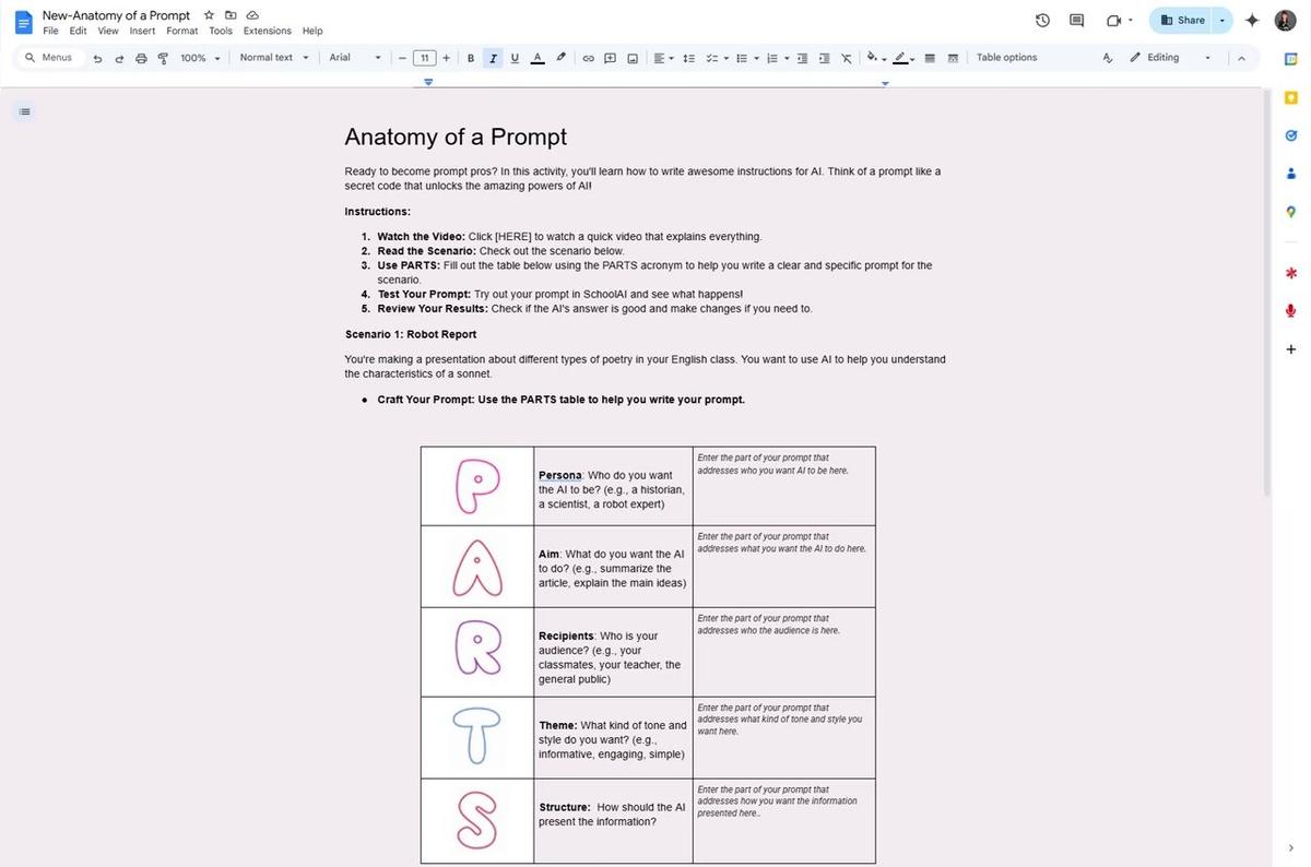 Anatomy of a Prompt Worksheet