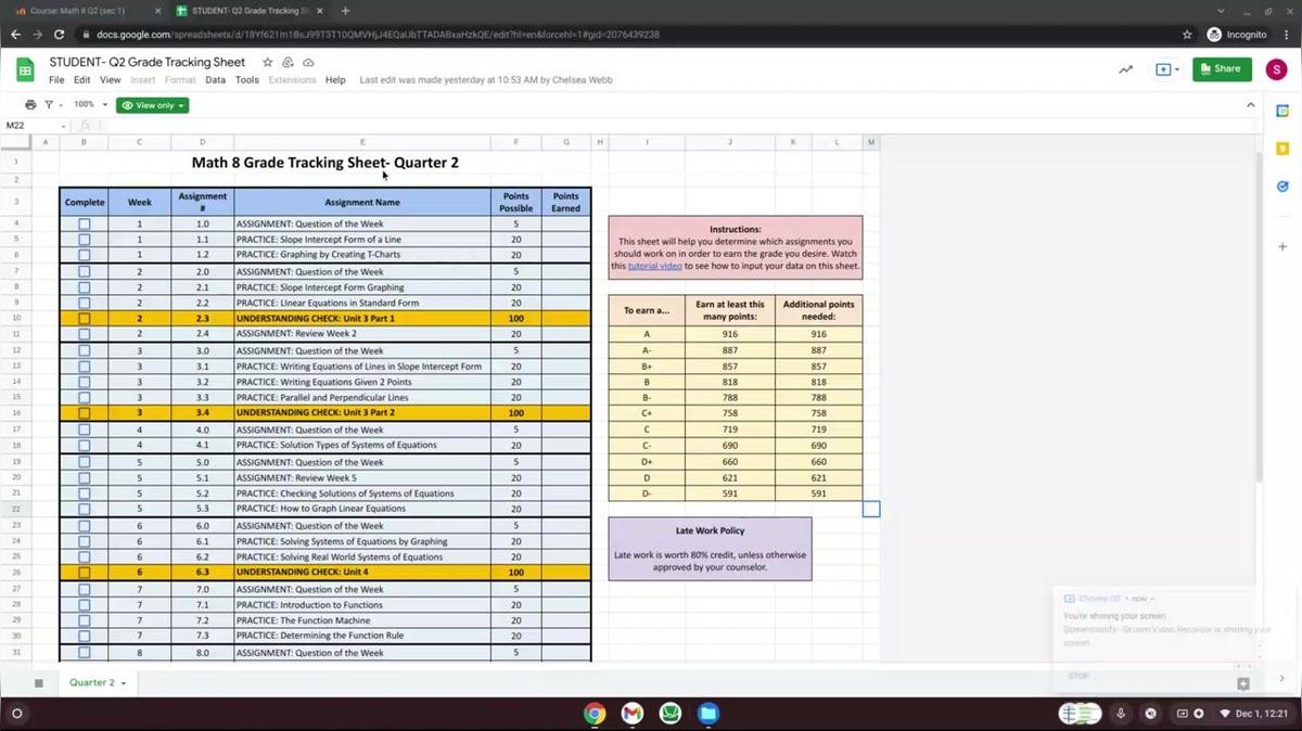 Math 8 Grade Tracking Sheet