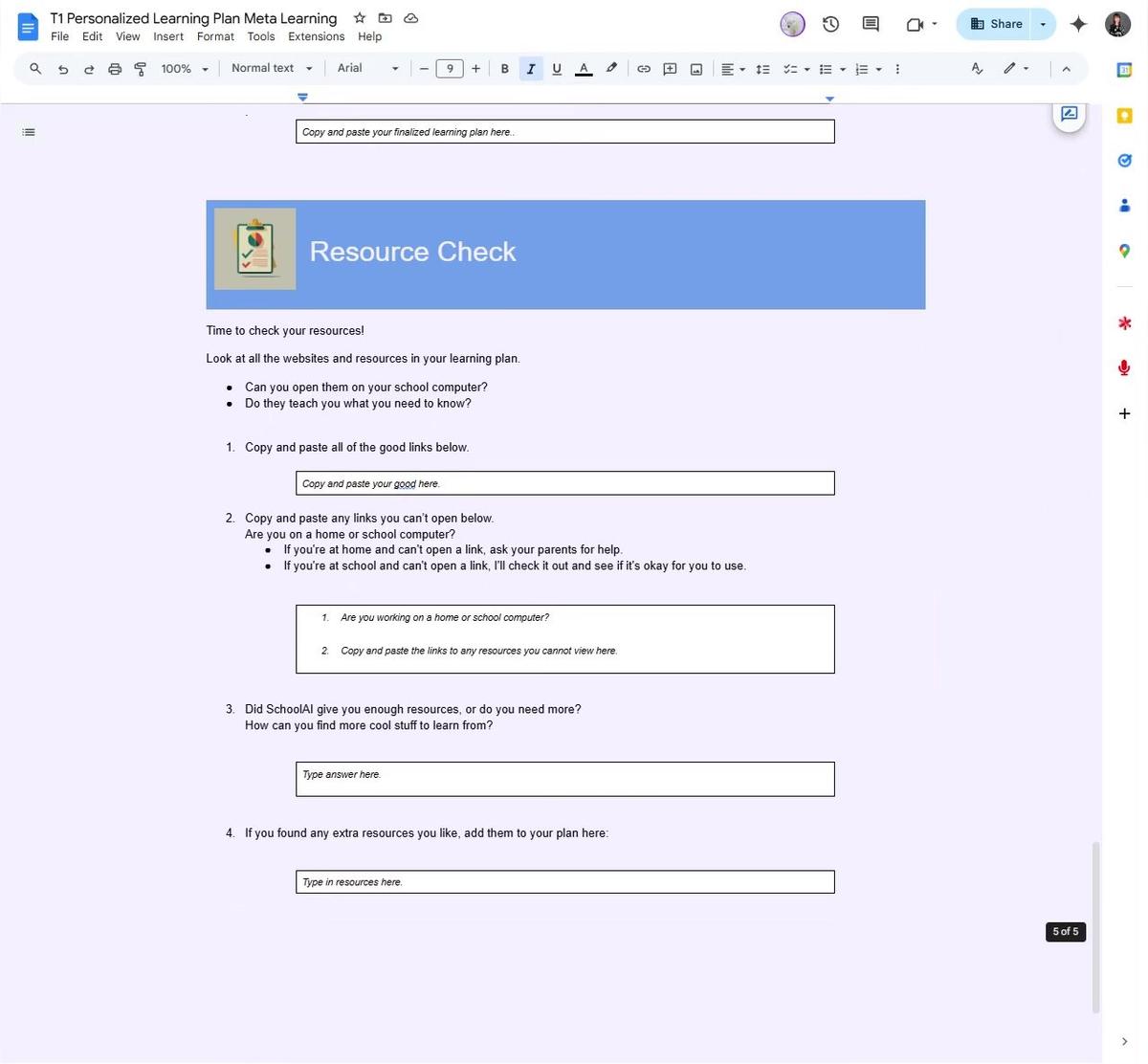 T1 Personalized Learning Plan Worksheet Resource Check Section