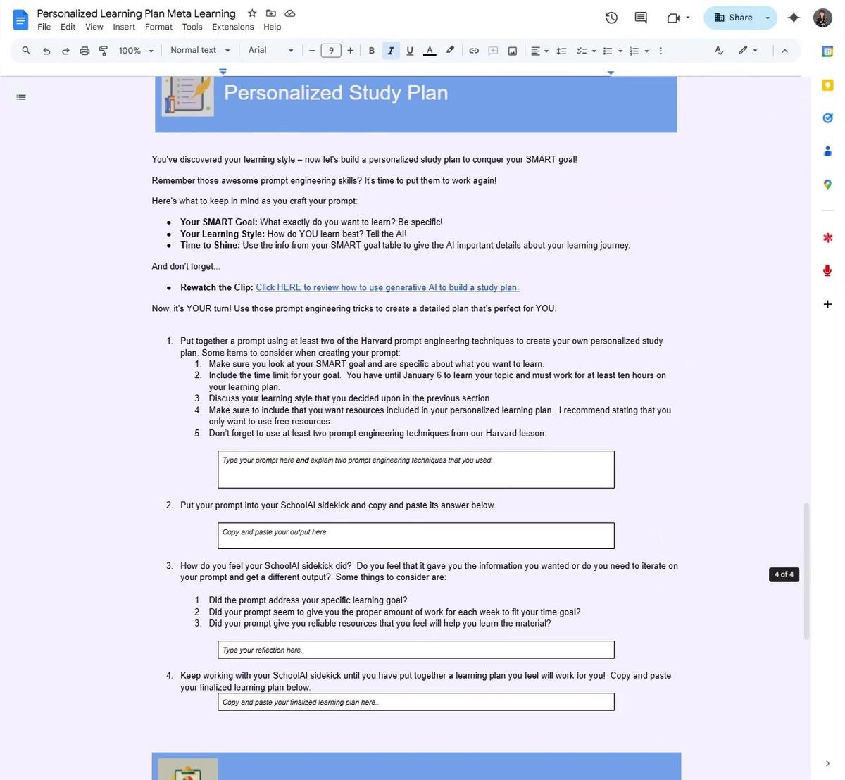 Personalized Learning Plan Worksheet and section