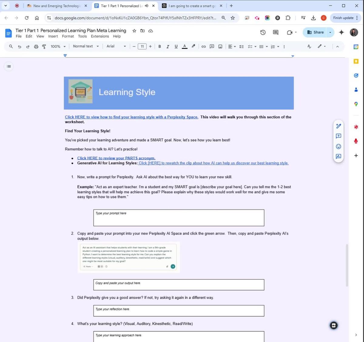 T1 Personal Learning Plan Learning Style