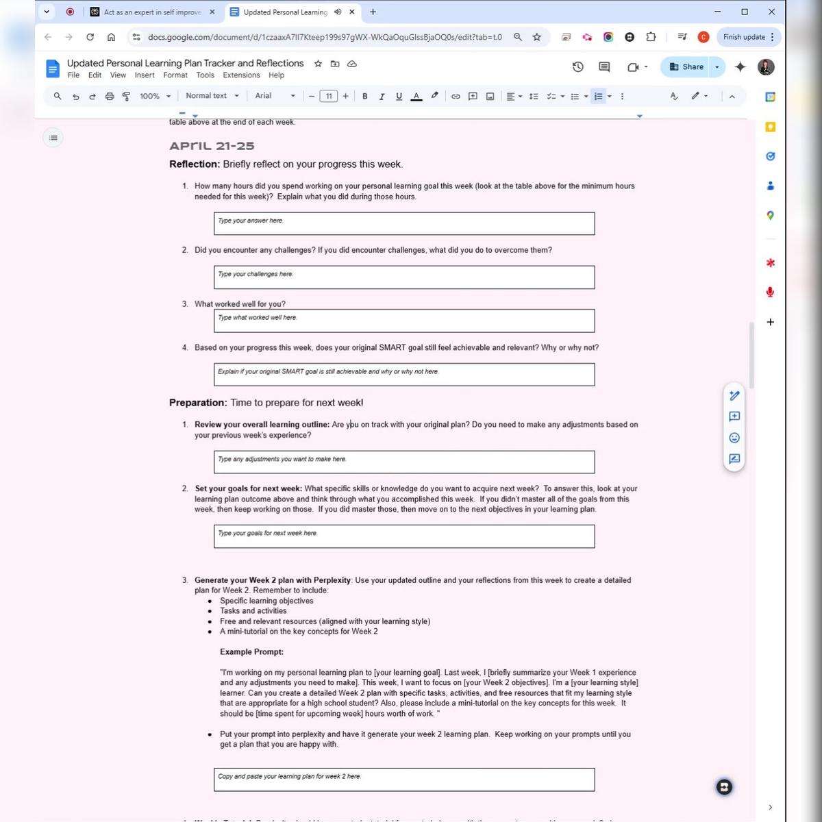 Personal Learning Plan Prep for Next Week