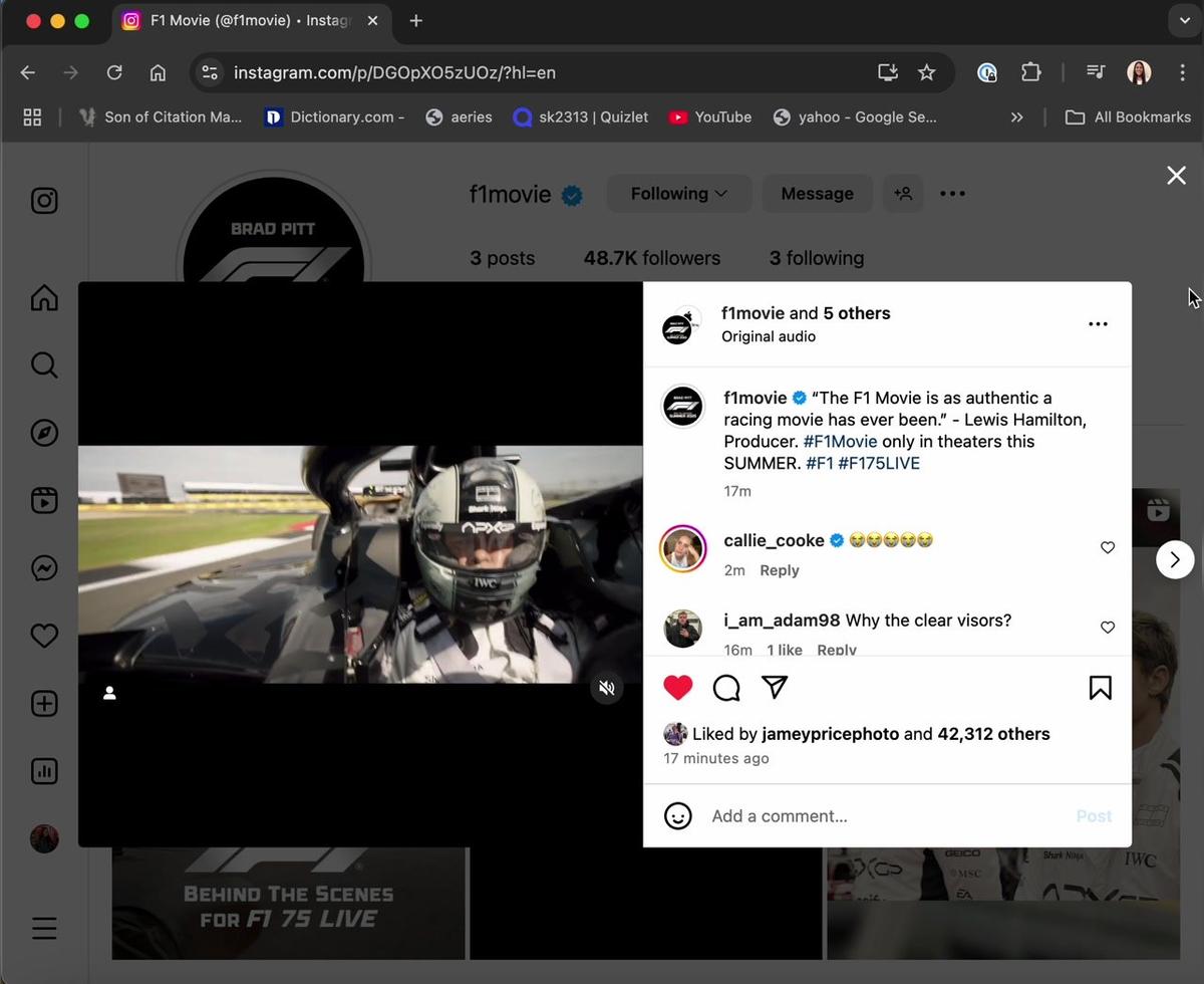 F1 Movie BTS IG Post 2.18.25