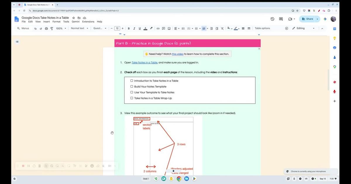 Google Docs Take Notes in a Table Practice Overview Video