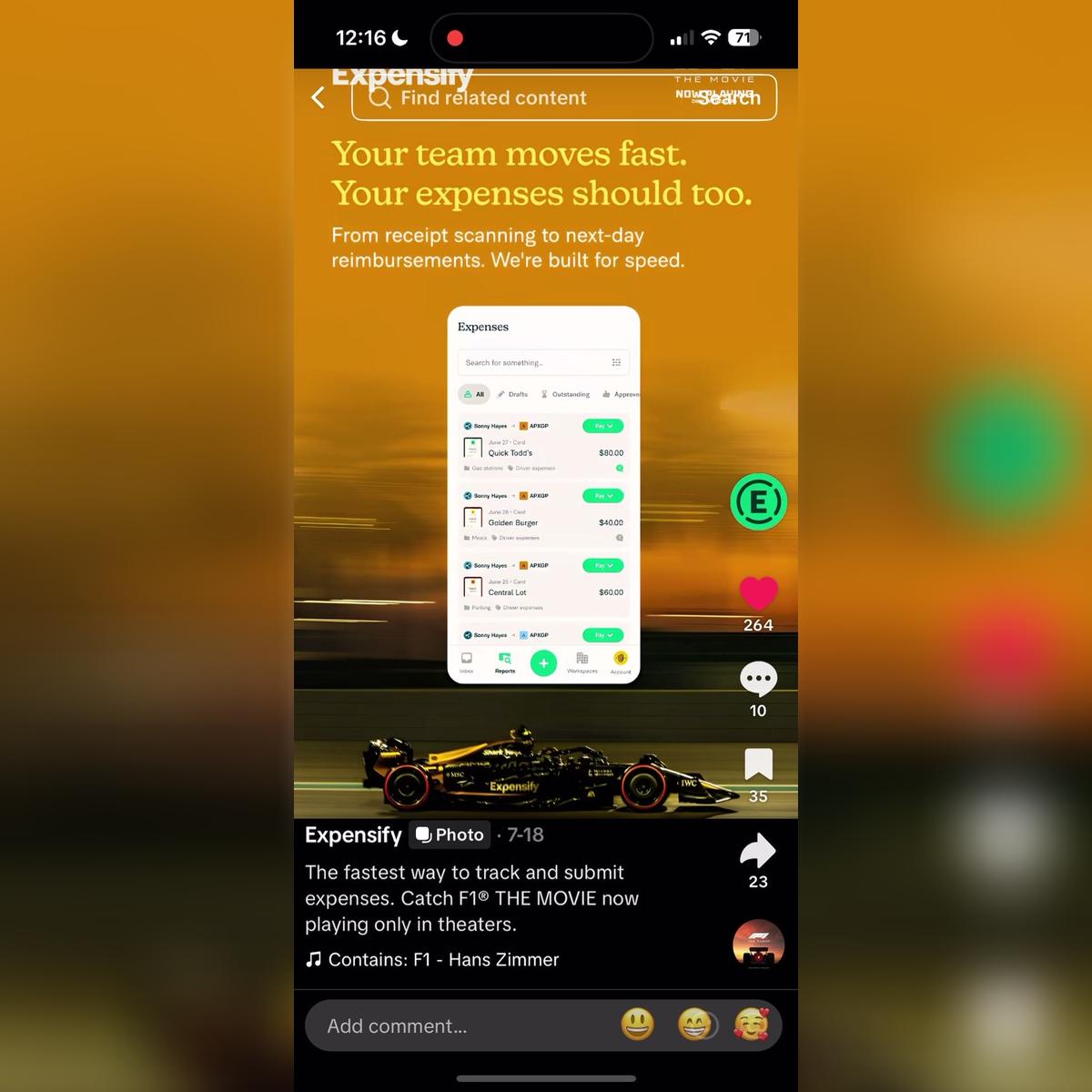 Expensify Ad Spot Tik Tok F1 Movie 6.28, 7.10, &amp; 7.18