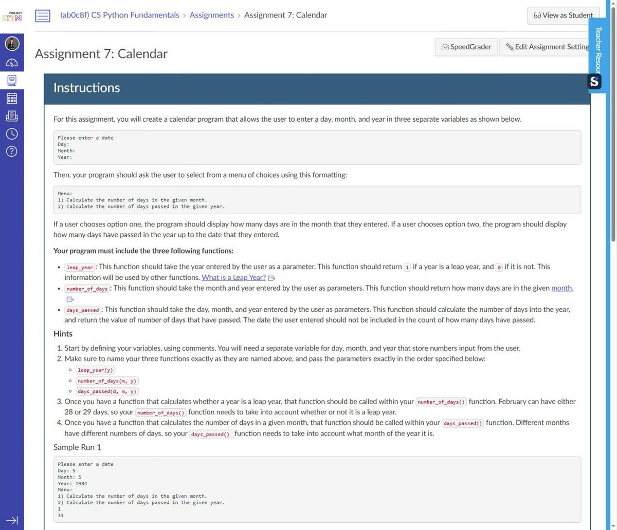 Assignment 7 Calendar Prompt Explanation