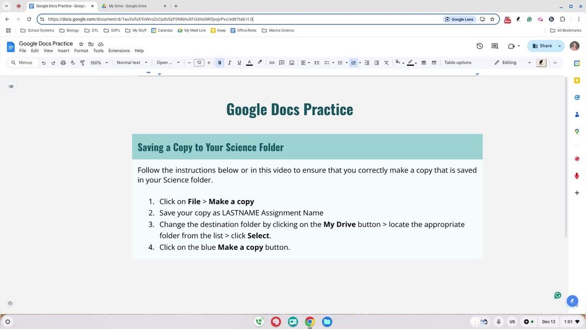 Making a Copy of  Doc and Saving it to Science Folder