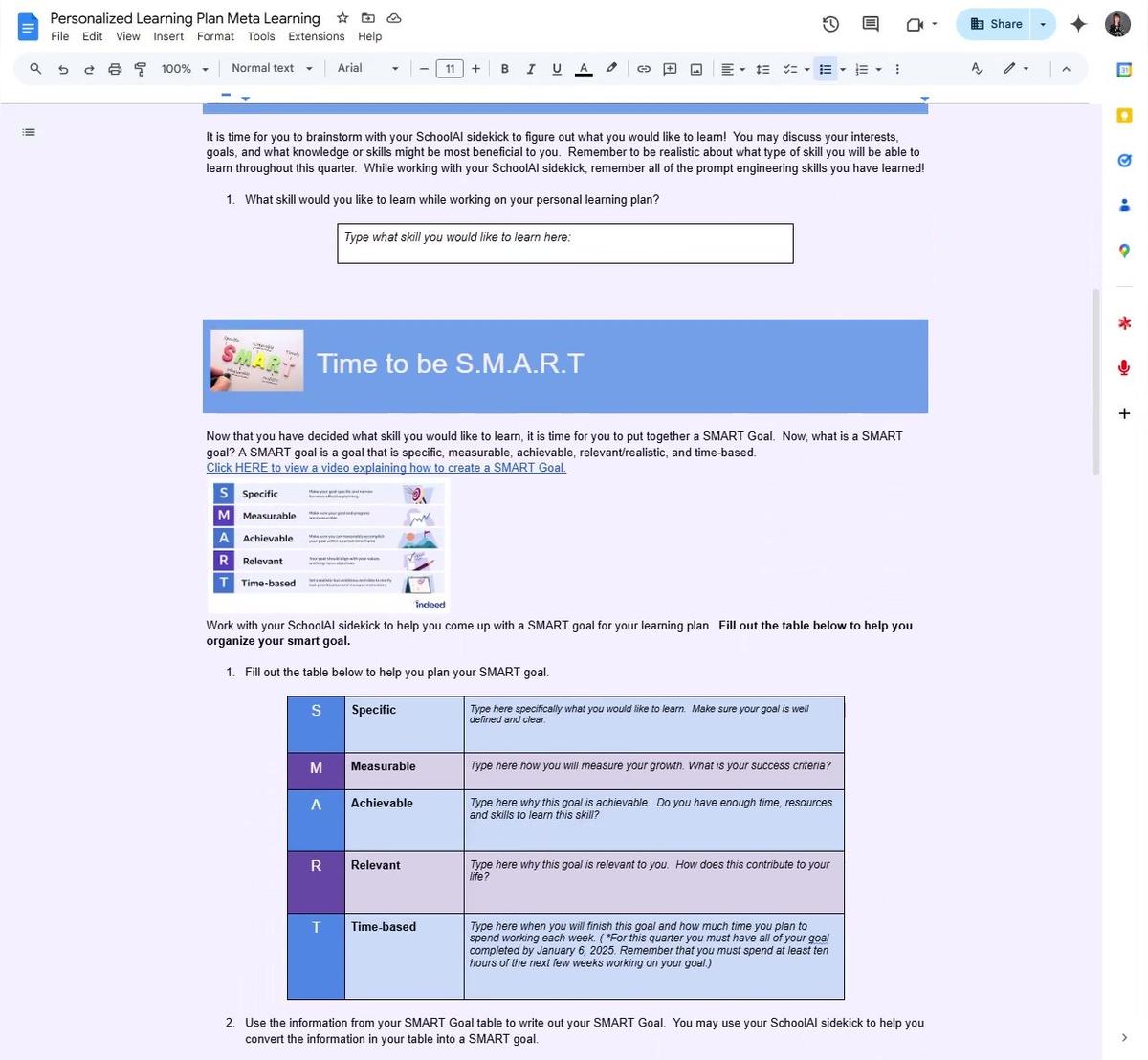 Personalized Learning Plan Worksheet Smart Goal Section