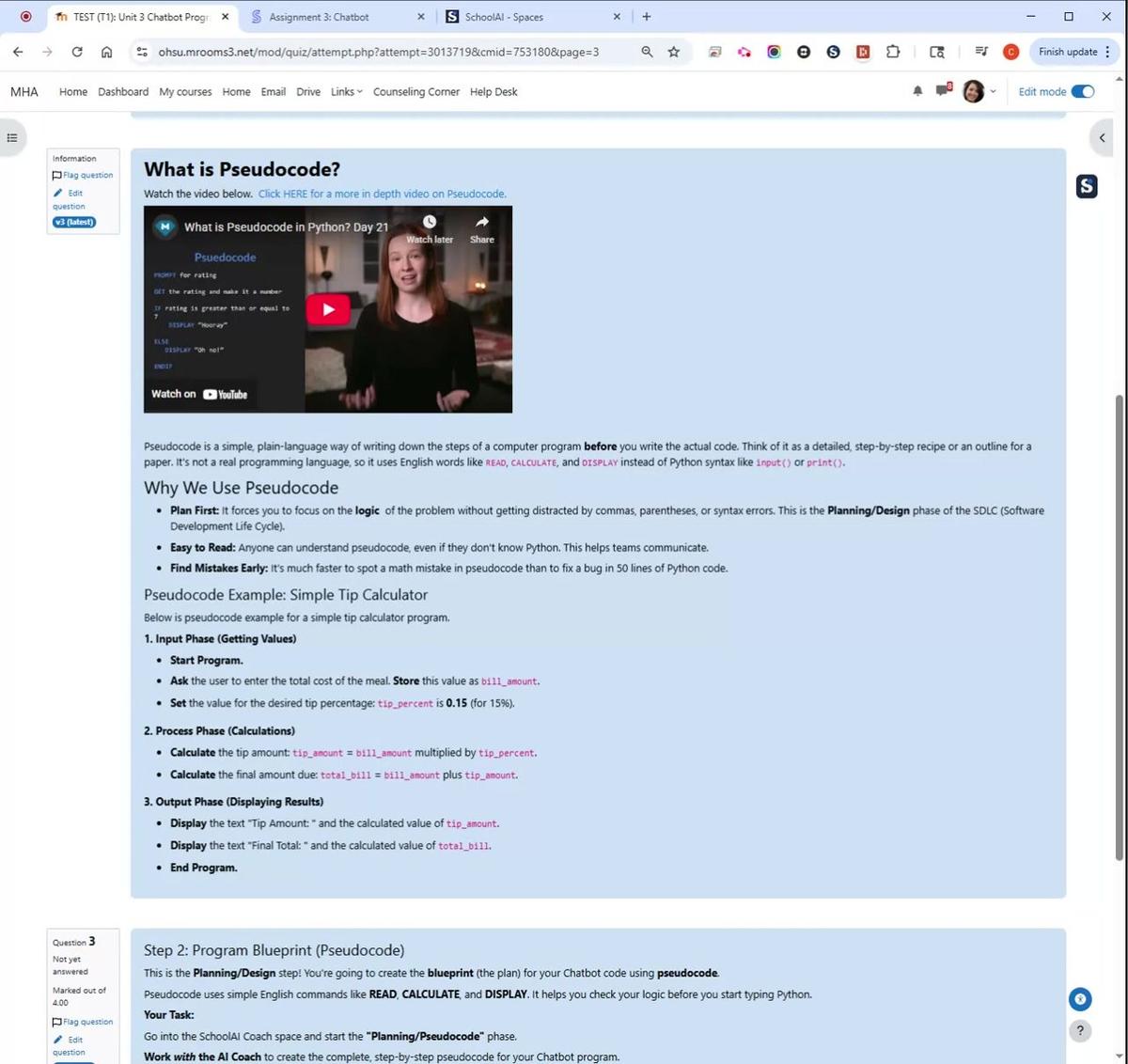 T1 Chatbot Pseudocode Instructions