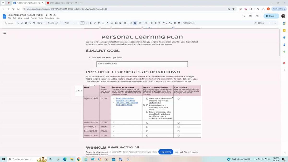 Personal Learning Plan Breakdown Table Instructions