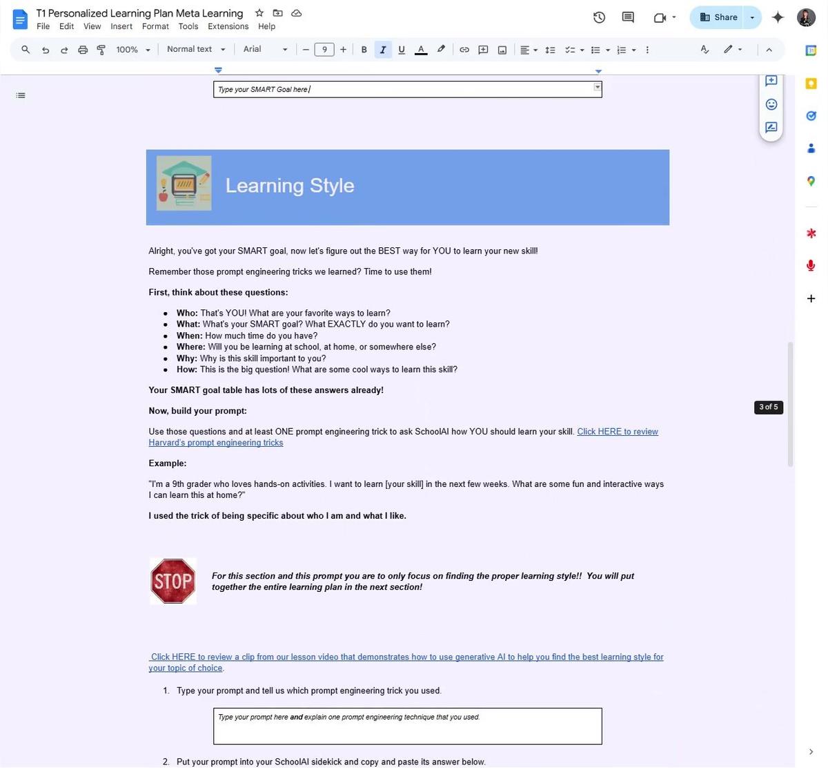T1 Personalized Learning Plan Worksheet Learning Style Section