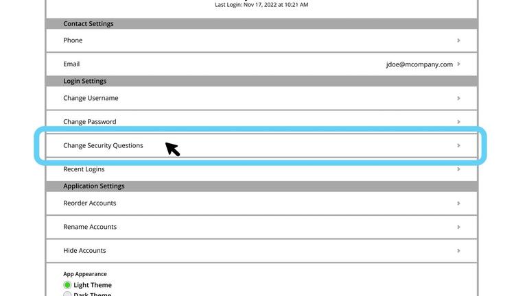 Manage Profile: Change Security Questions