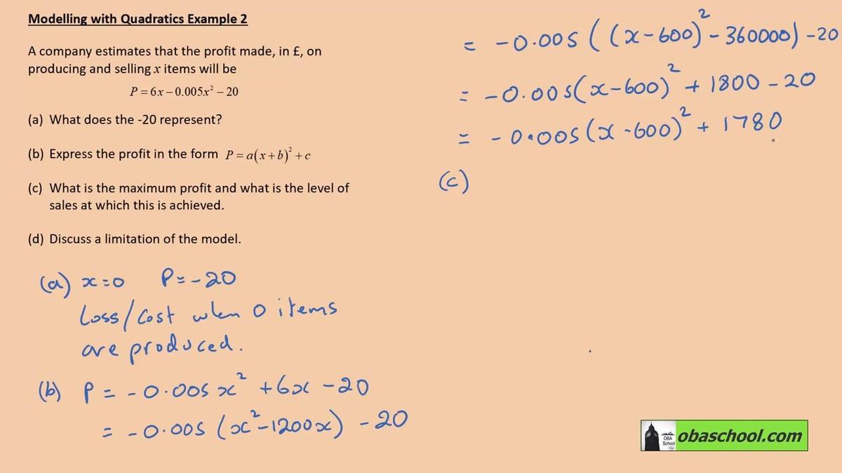 2.6.3 - Modelling with Quadratics - Example 2
