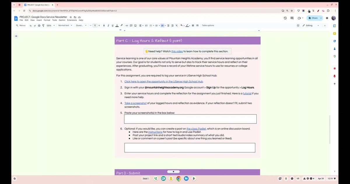 Google Docs Service Newsletter - Log Hours in UServe