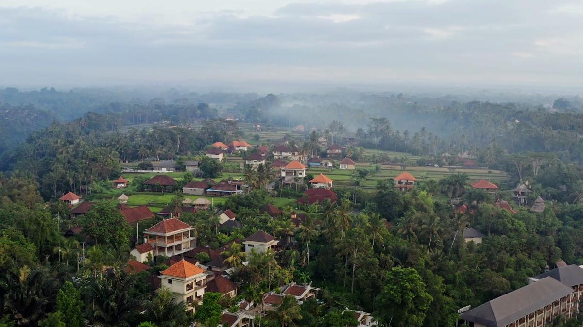 aerial over small settlement in exotic green jungle bali indonesia