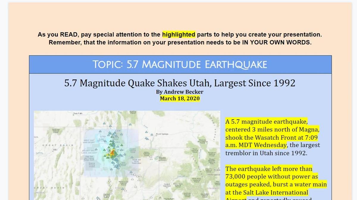 (T2) Earthquake Article - Utah Current History Presentation