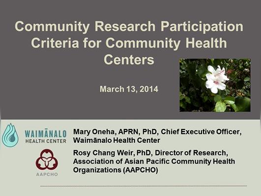 Community Research Participation Criteria for Community Health Centers