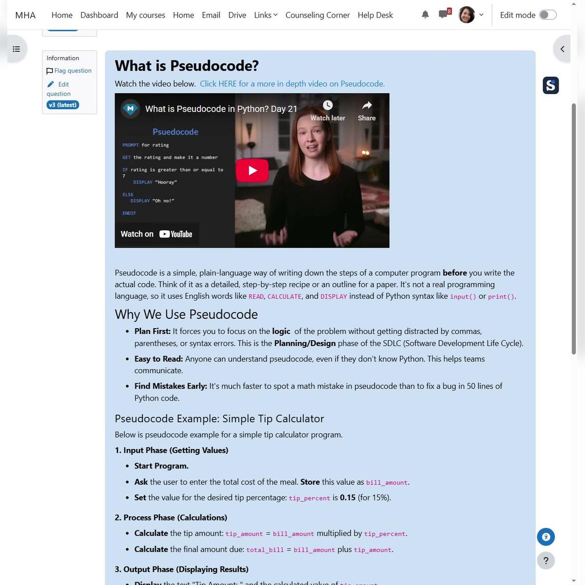 (T1) TEST Unit 4 Test Pseudocode Explanation