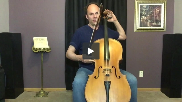 Cellist holding cello with play button icon.