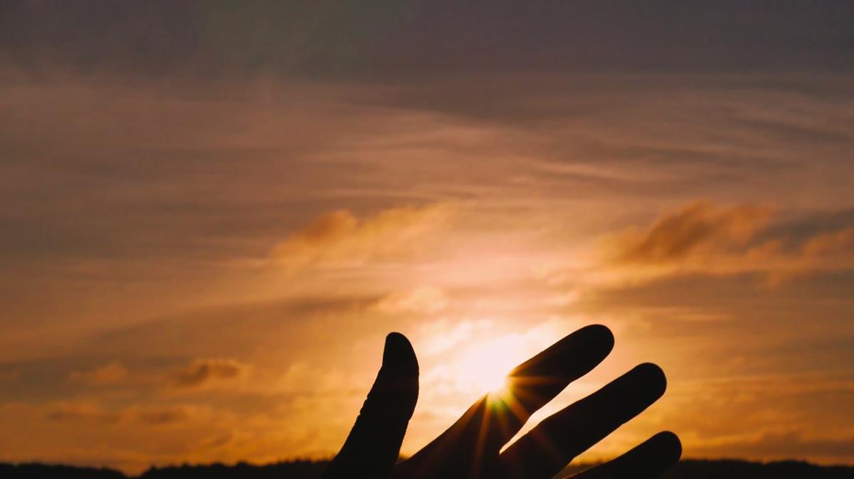 suns rays through fingers of male hand