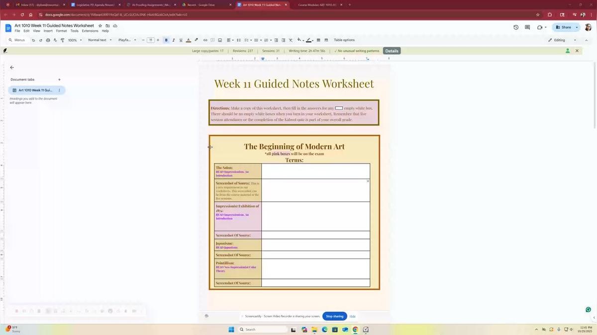Guided Notes Worksheets - Art 1010