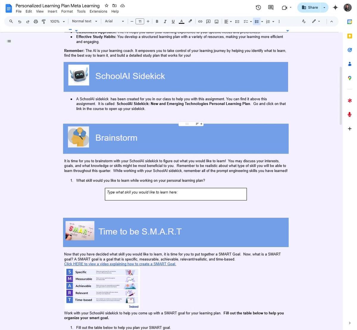 Personalized Learning Plan Brainstorm Section