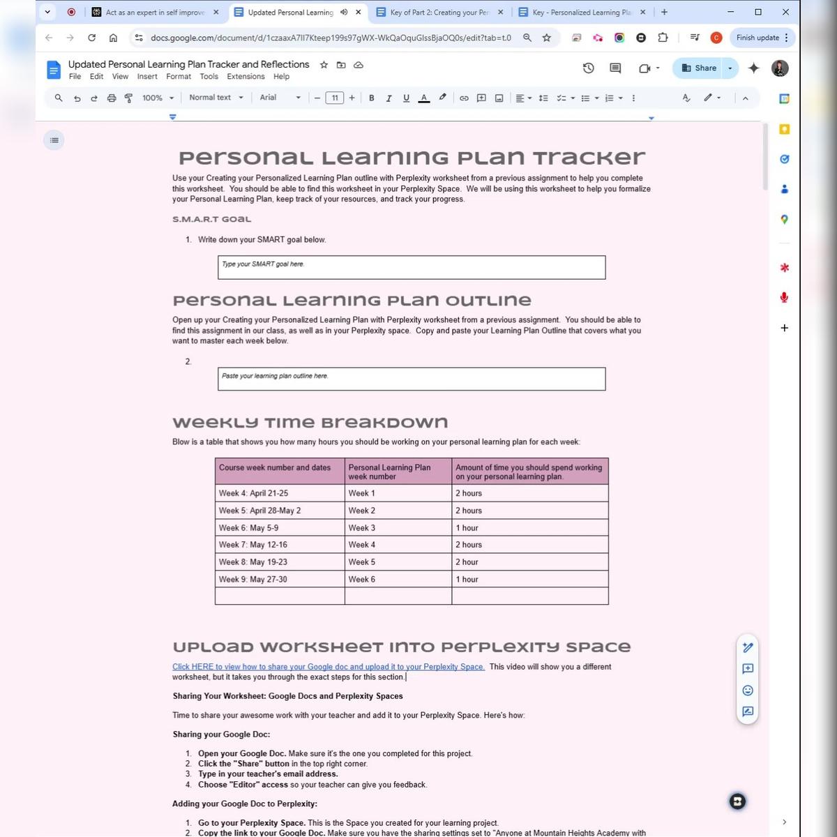 Personal Learning Plan Tracker Setup Worksheet