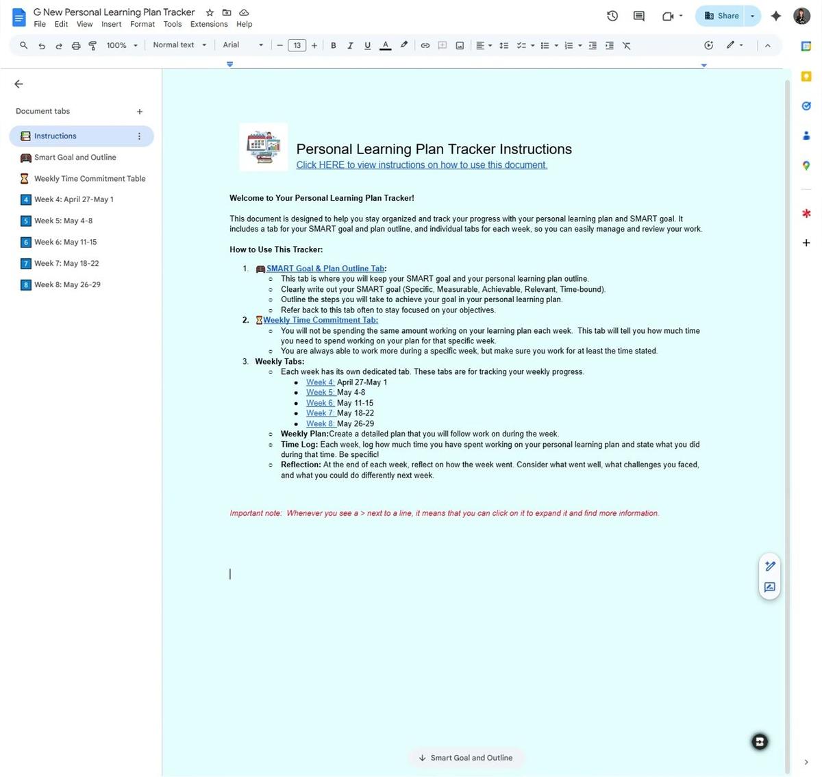 Updated Personal Learning Plan Tracker Instructions