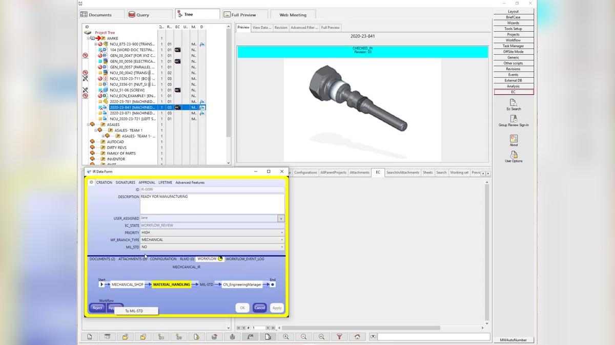 Introduction to working with DYNAMIC Workflow STATES and BRANCHING from one Workflow route to another using MechWorks PDM.