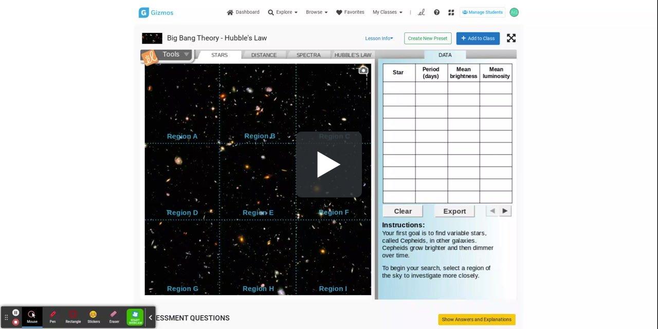 Big Bang Theory - Hubble's Law Gizmo Region A Stars Pulse