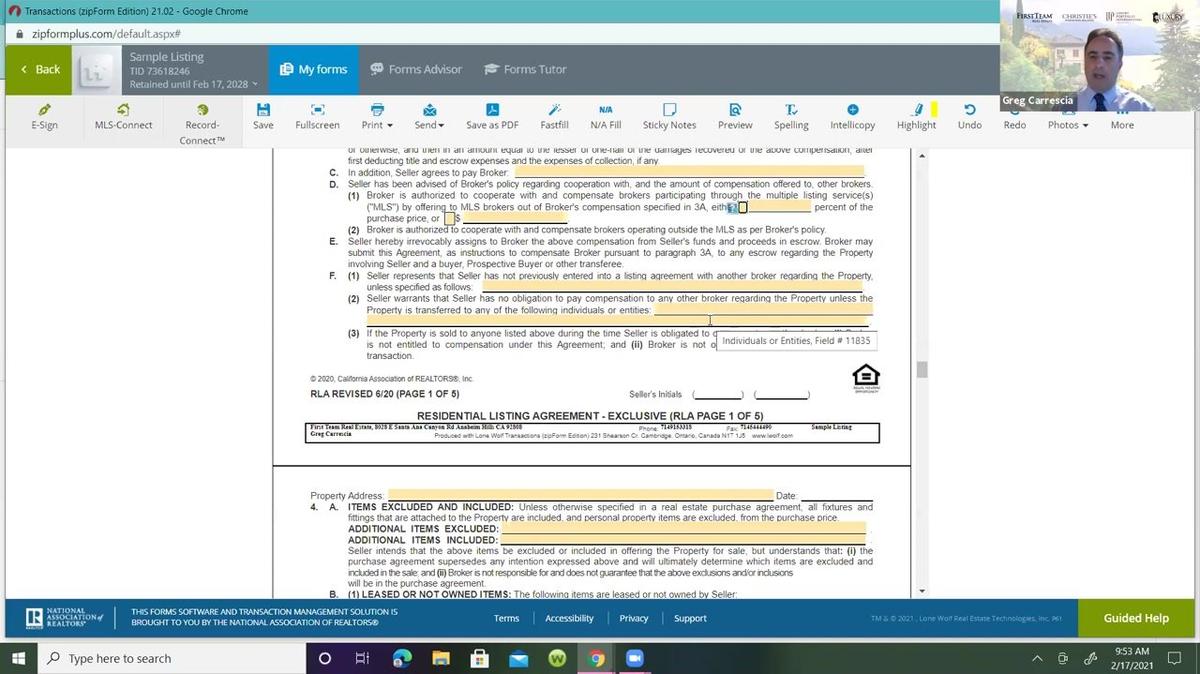 Listing Agreement and Supporting Documents with Greg Carrescia (2/17/2021)