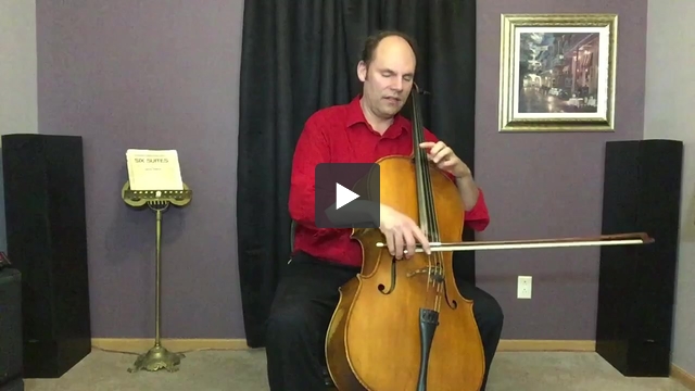 Cellist playing cello with video play button icon on image