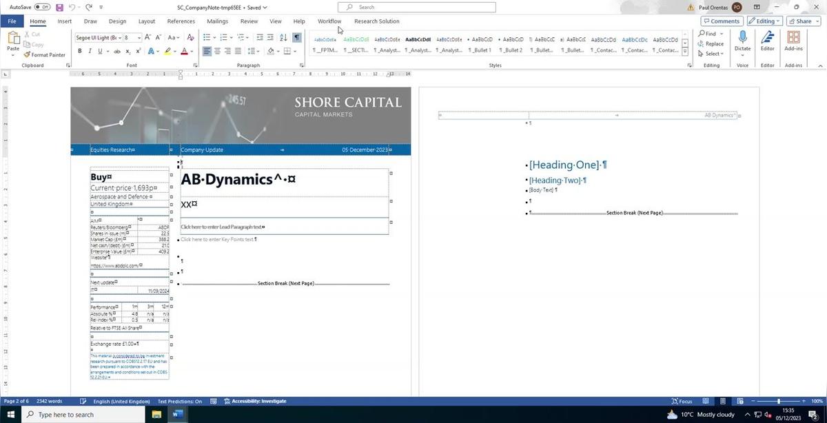 Insert new report section via Research tools