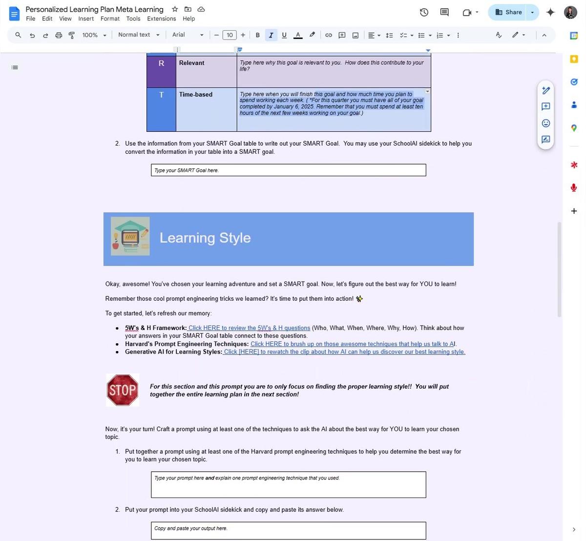 Personalized Learning Plan Worksheet Learning Style Section
