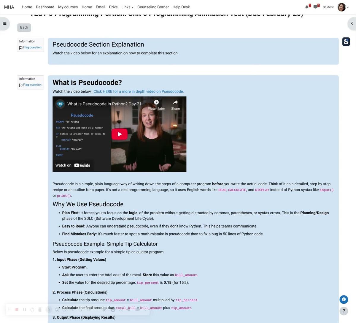 (G) Unit 6 Programming Test Pseudocode Explanation