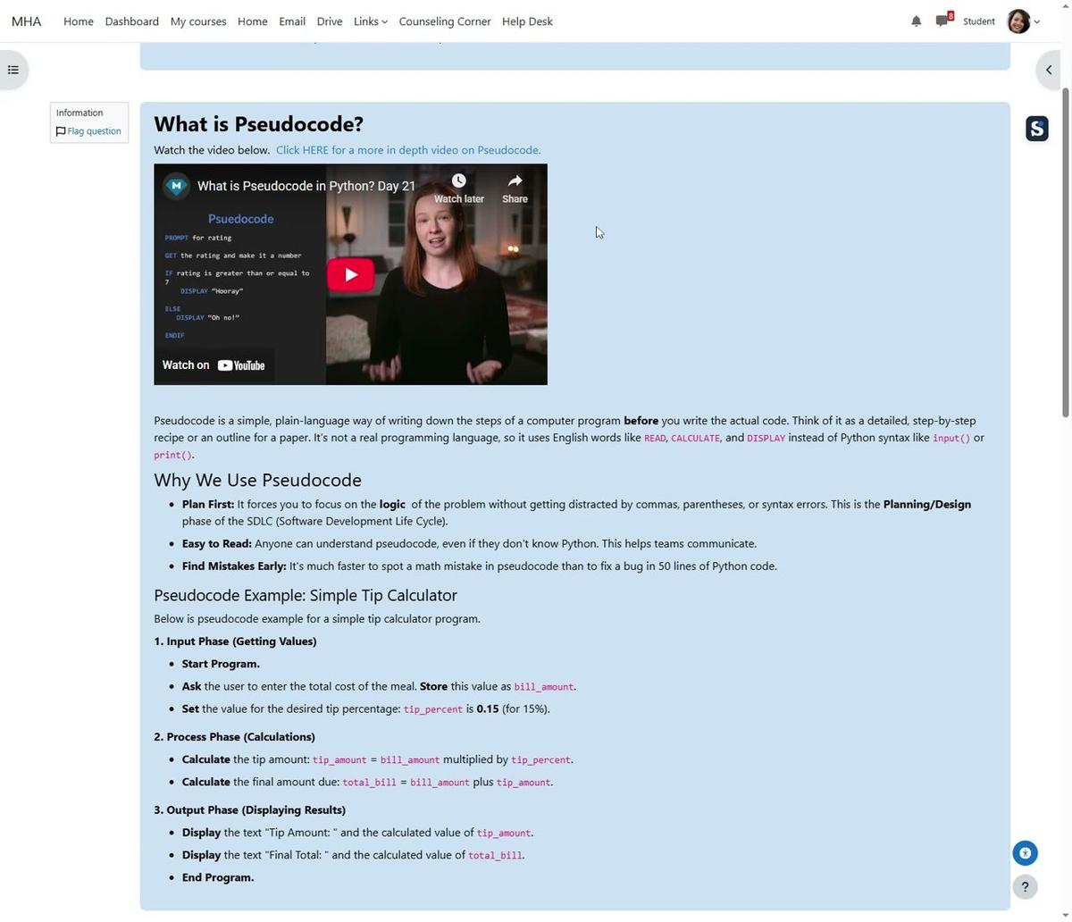 (G) Unit 7 Calendar Test Pseudocode Explanation